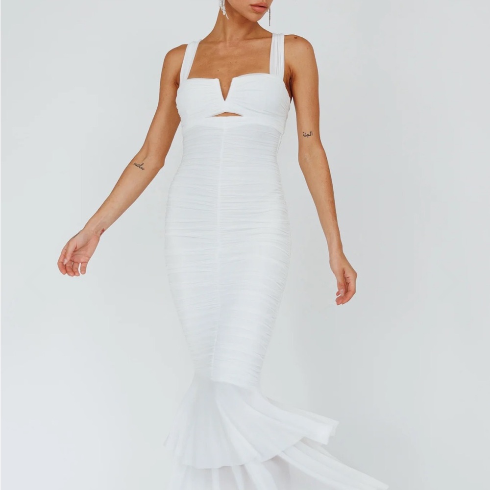 Selfie Leslie Nadia Ruched Fishtail Maxi Dress White
